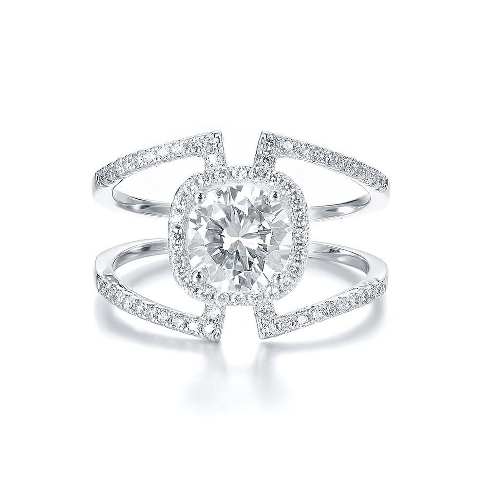 Double Band Cushion Halo Diamond Engagement Ring Temple Grace NZ