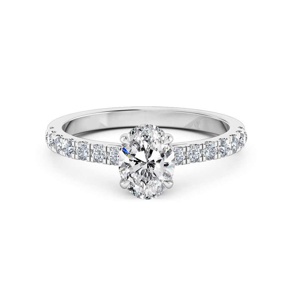Oval cut diamond engagement ring set on a diamond band