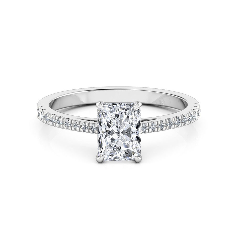 Radiant cut diamond engagement ring on a diamond band