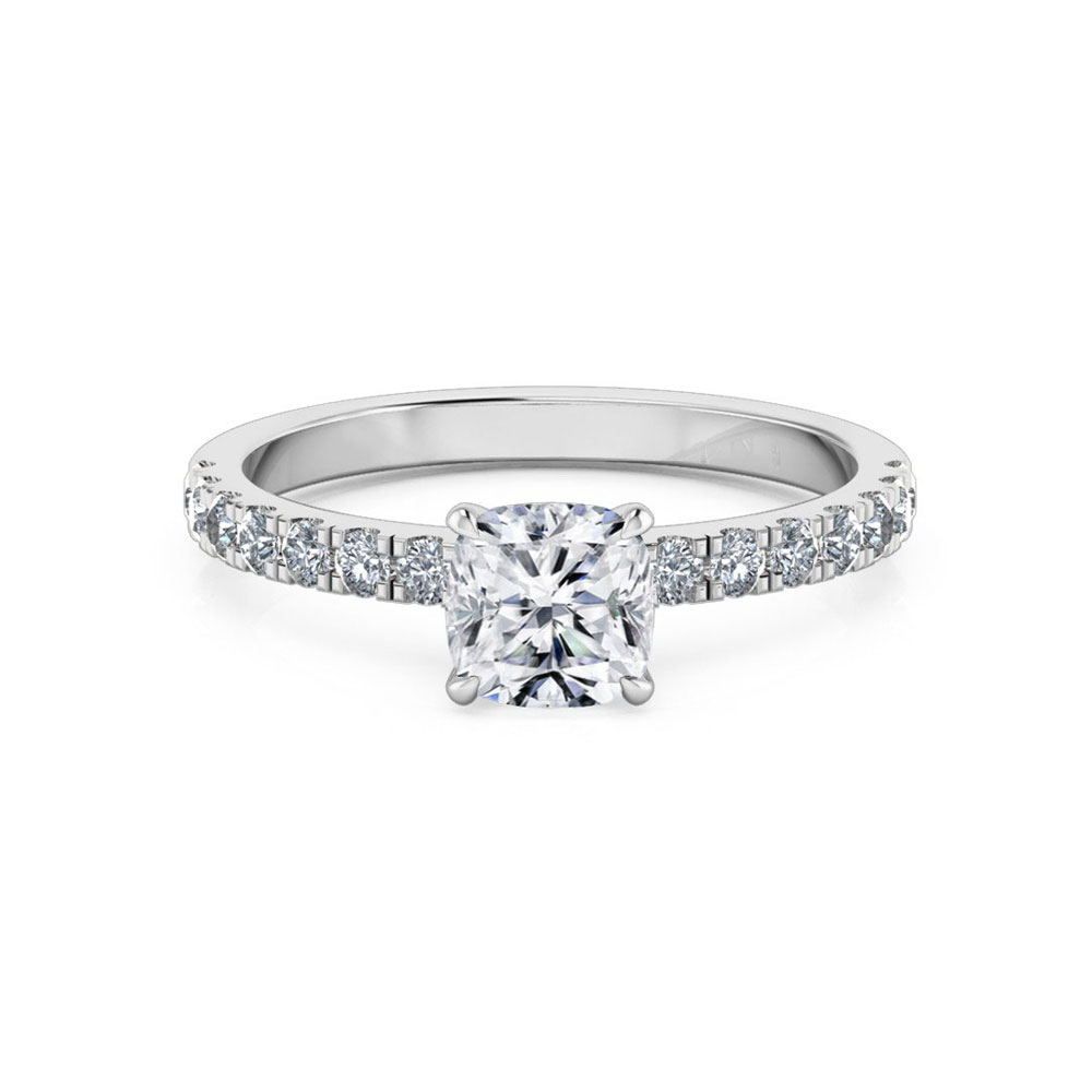 Cushion Cut Diamond Engagement Ring On A Pave Band