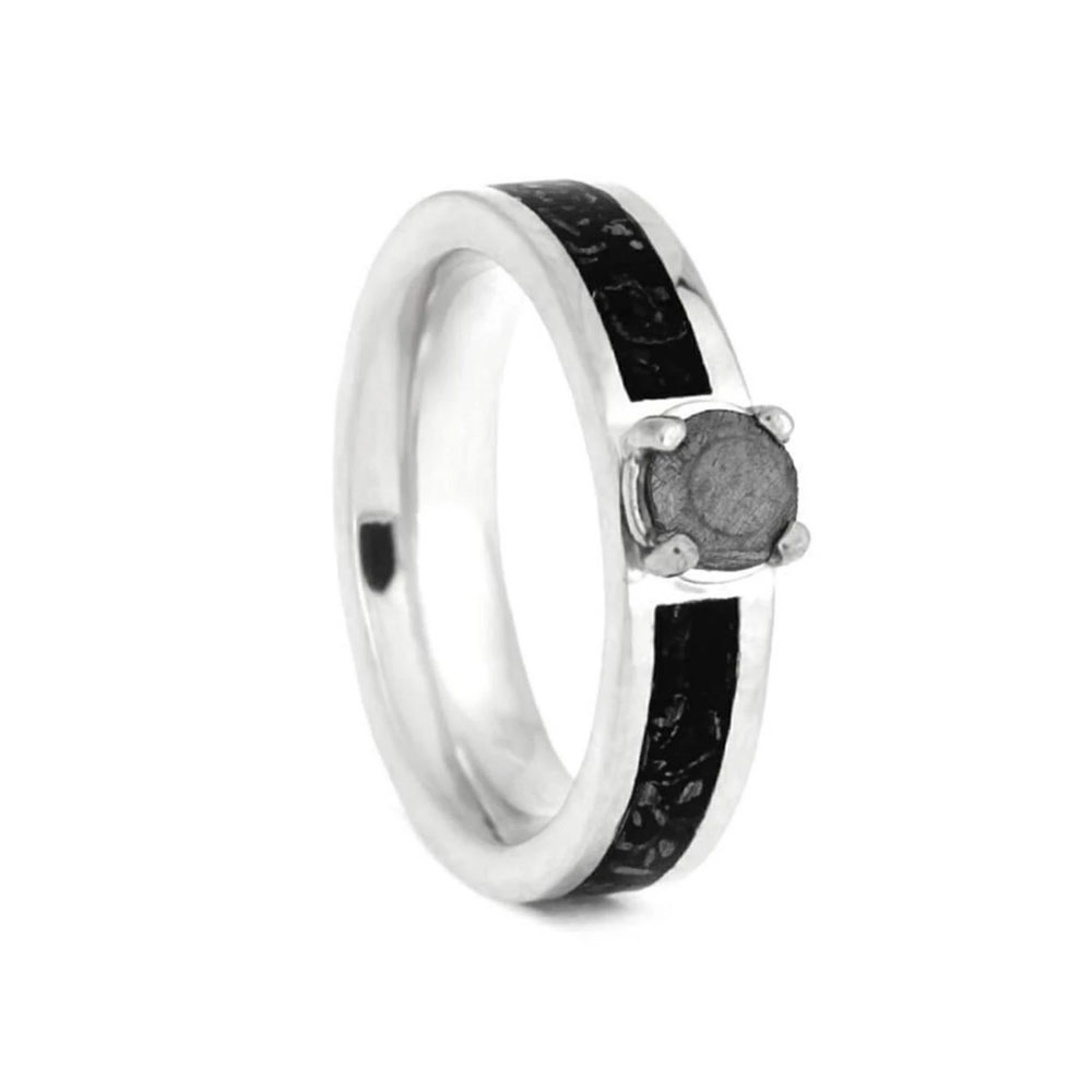Meteorite Stone Silver Engagement Ring With Black Stardust
