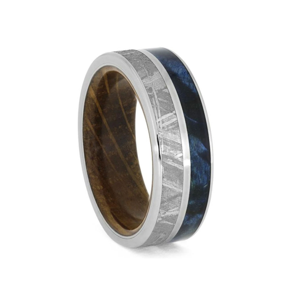 Meteorite Blue Box Elder Burl And Titanium Ring With Whiskey Wood Sleeve