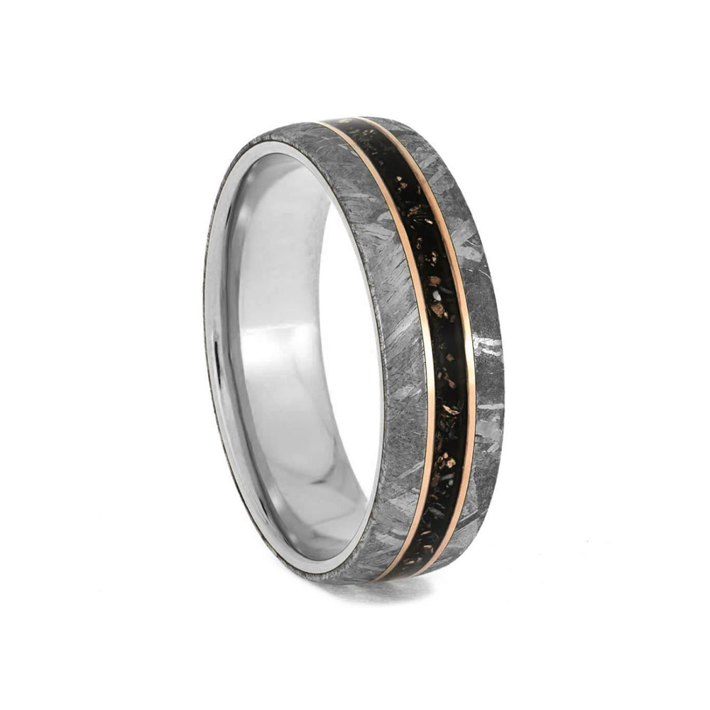 Titanium Ring With Meteorite Black Stardust and Gold Pinstripes