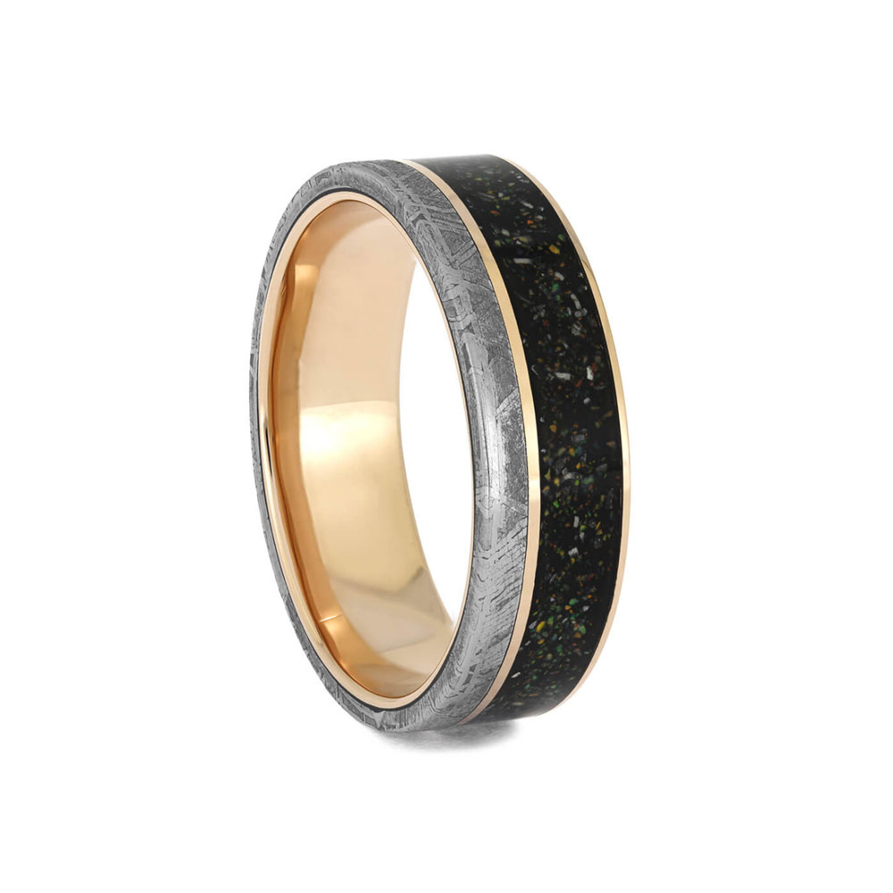 Black Stardust and Opal Wedding Band with Meteorite