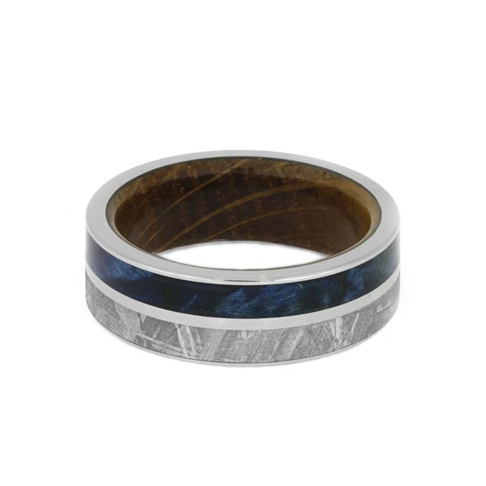 Meteorite Blue Box Elder Burl And Titanium Ring With Whiskey Wood Sleeve