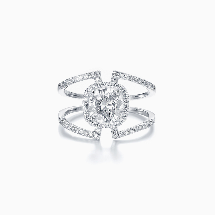Double Band Cushion Halo Diamond Engagement Ring