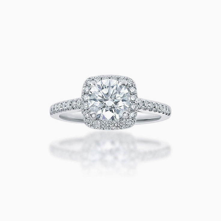 Round Brilliant cut cushion halo engagement ring