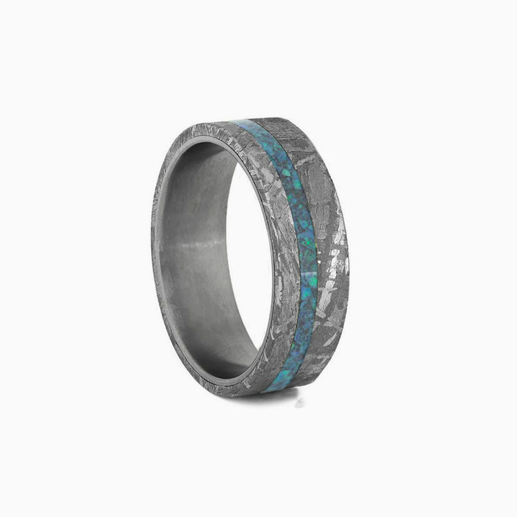 Mens Meteorite Ring With Crushed Opal