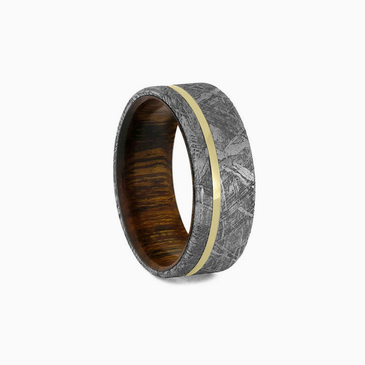Ironwood And Gold Pinstripe With Meteorite Mens Wedding Ring