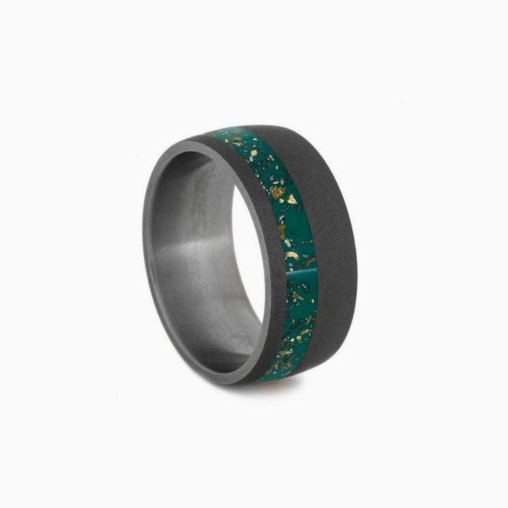 Mens Wedding Band With Green Stardust and Sandblasted Titanium
