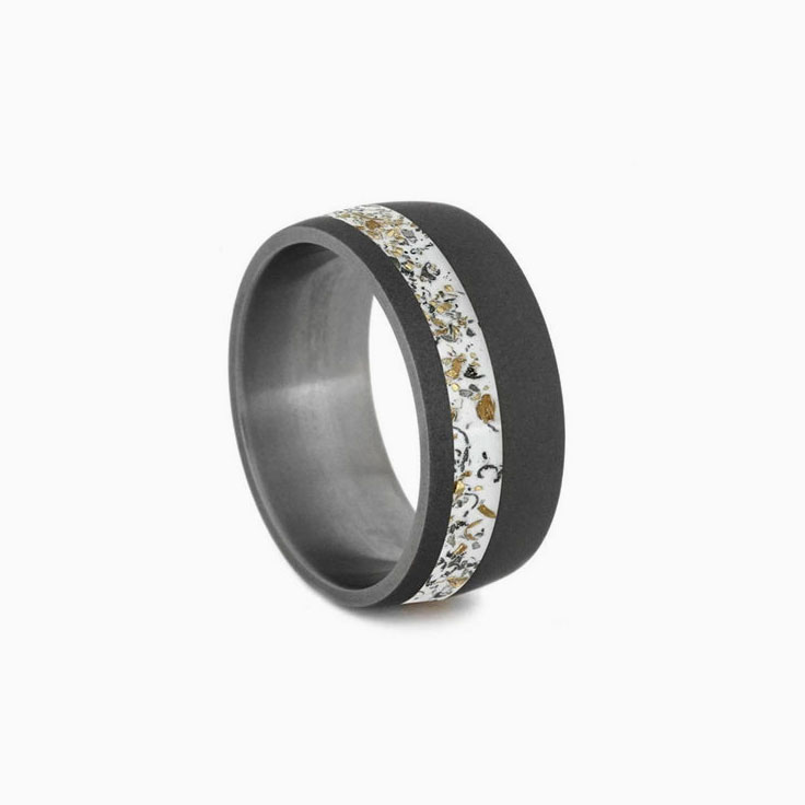 Mens White Stardust Wedding Band With  Sandblasted Titanium