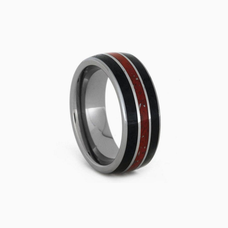 Tungsten Wedding Band with Red Stardust And Black Jade