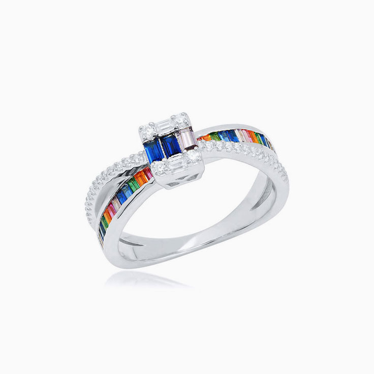 Diamond And Rainbow Sapphire Square Ring