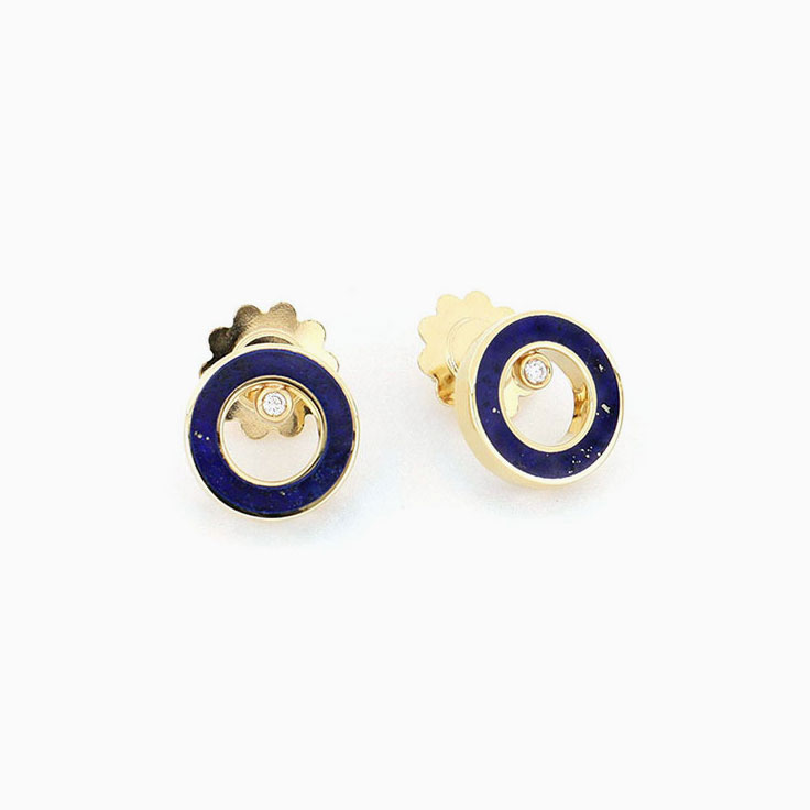 Blue Lapis Lazuli and Diamond Gold Stud