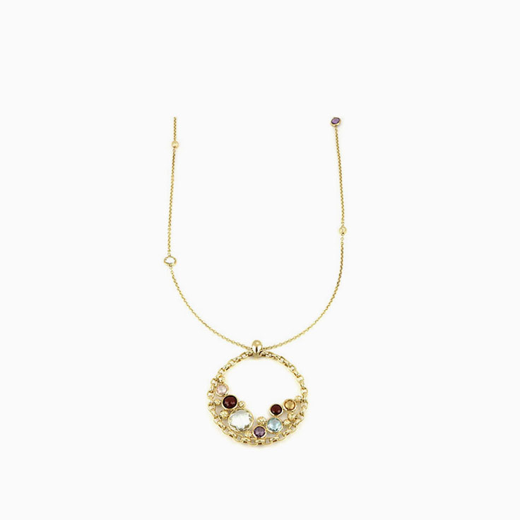 Long Gemstone Necklace With Circle Pendant