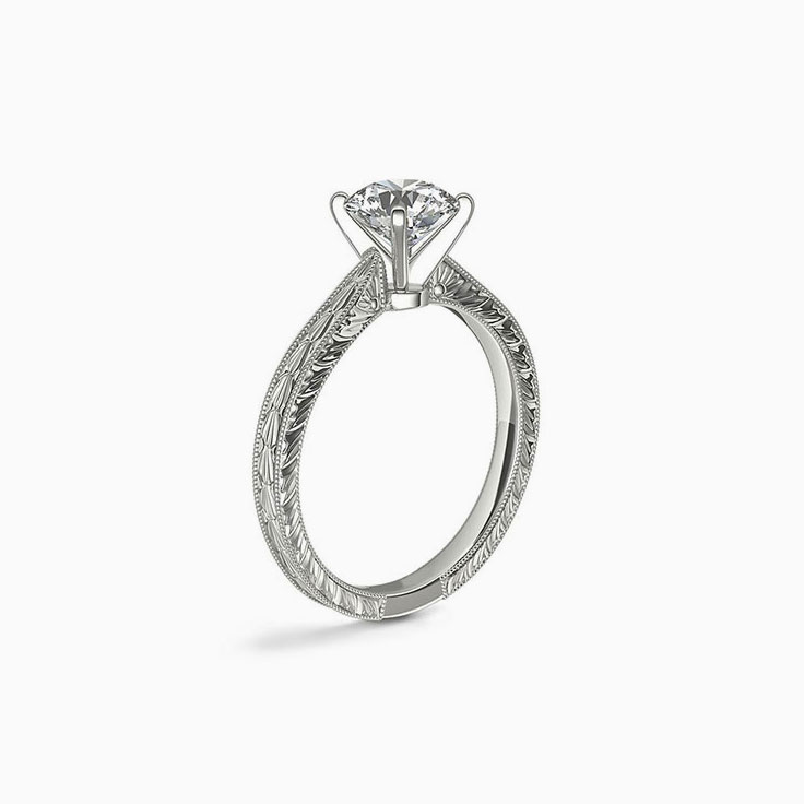 Hand-Engraved Solitaire Engagement White Gold Ring