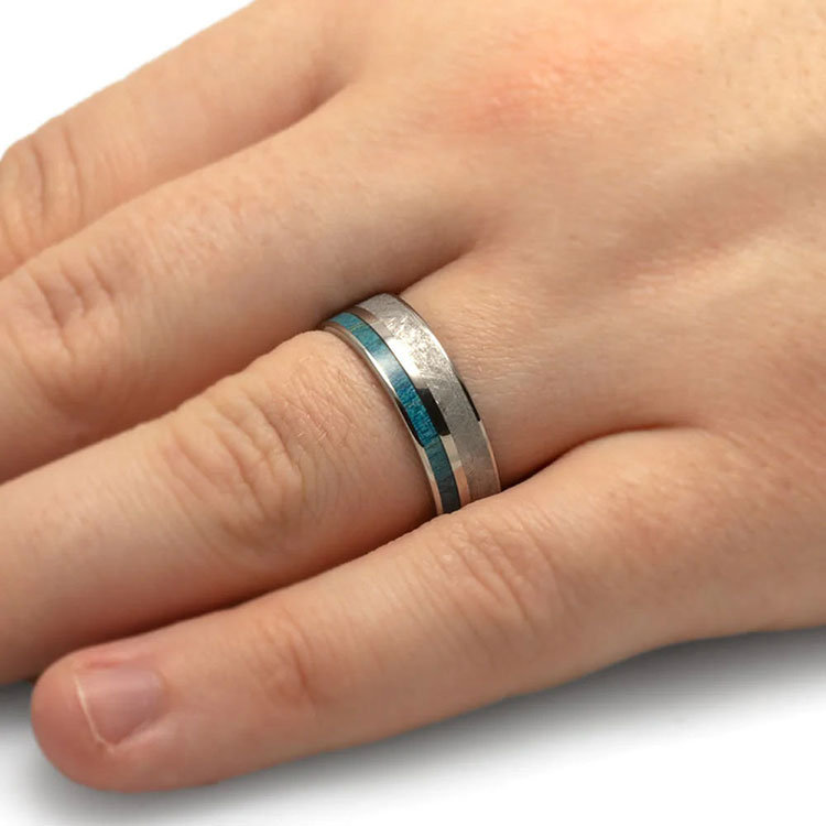 Men's Blue Wood And Meteorite Ring With Pinstripe