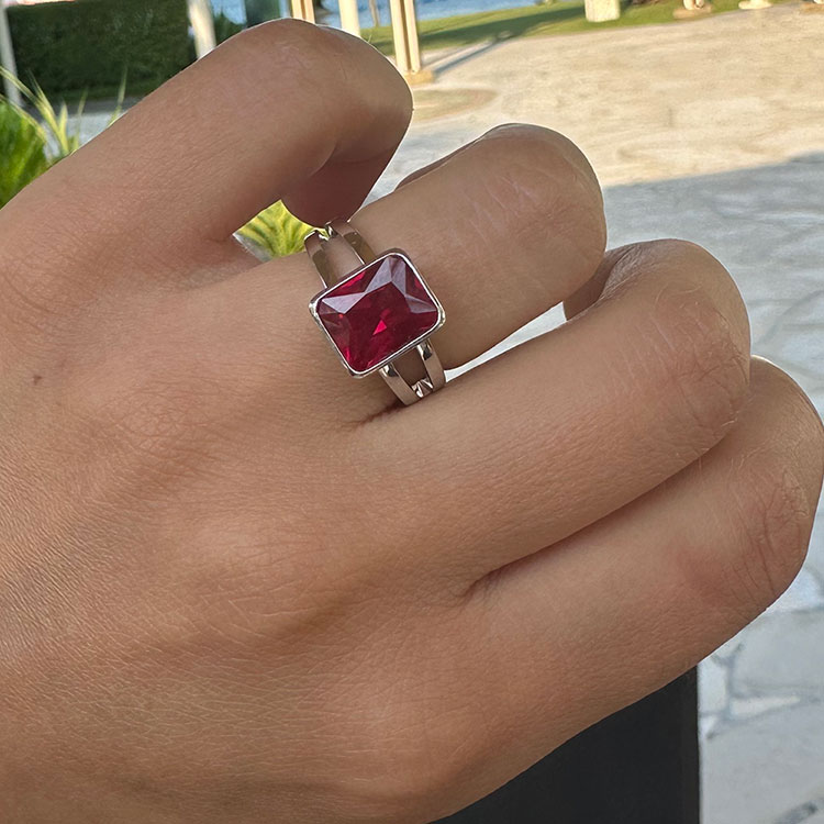 Emerald Cut Ruby On Split Shank Band