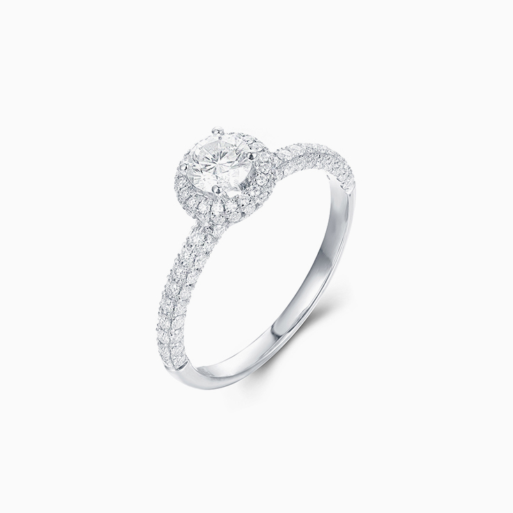 Round Brilliant cut with a 3D halo and Pave Band Engagement ring