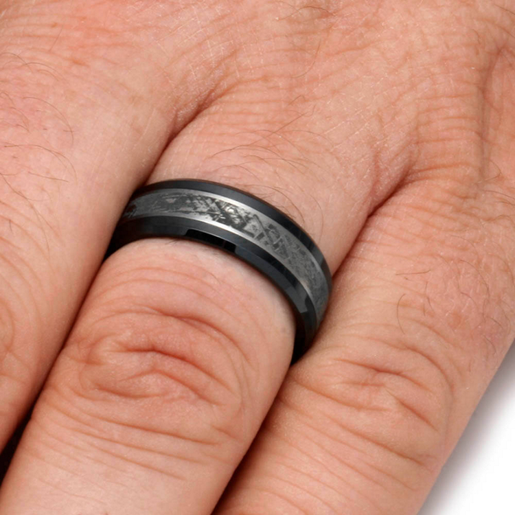 Mens Black Ceramic Wedding Band with Meteorite Pattern
