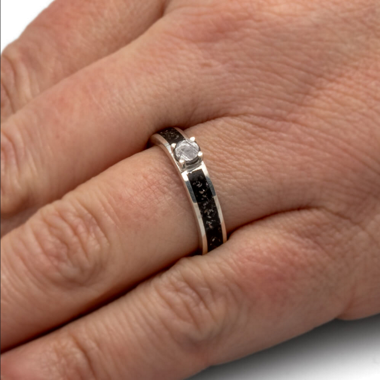 Meteorite Stone Silver Engagement Ring With Black Stardust