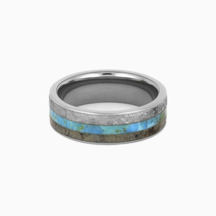 Mens Meteorite And Dino Bone Ring With Turquoise