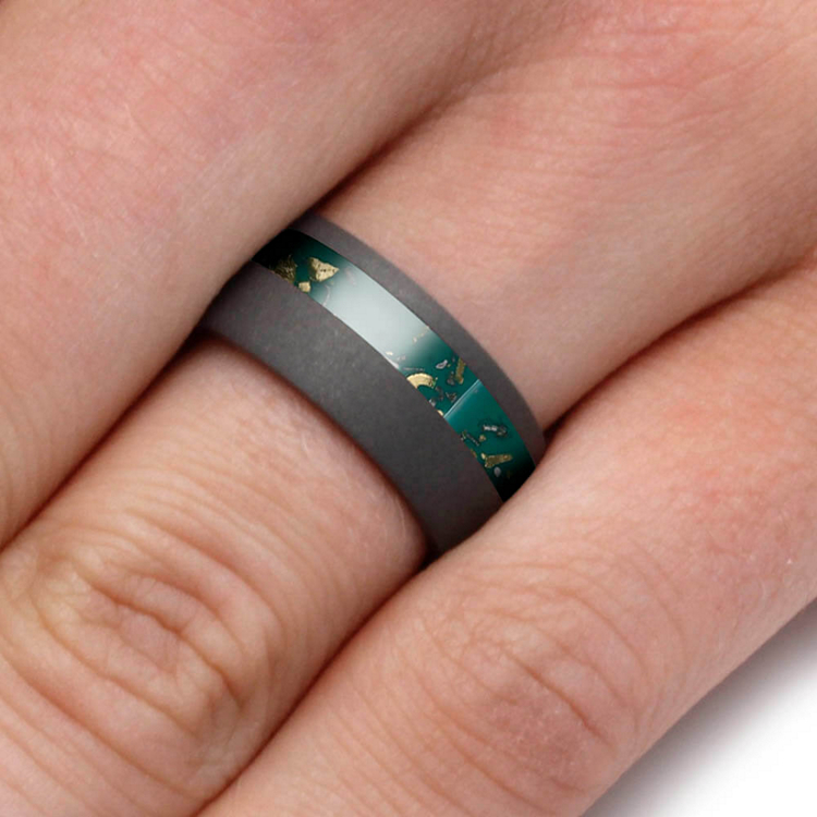Mens Wedding Band With Green Stardust and Sandblasted Titanium