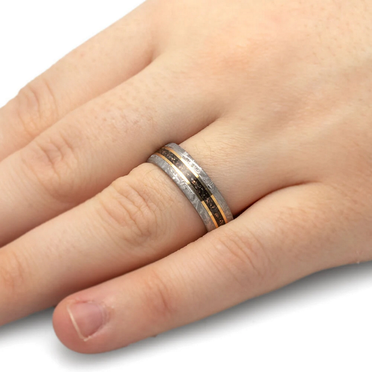 Mens Titanium Ring With Gold Pinstripes and Black Stardust