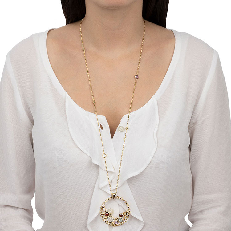 Long Gemstone Necklace With Circle Pendant